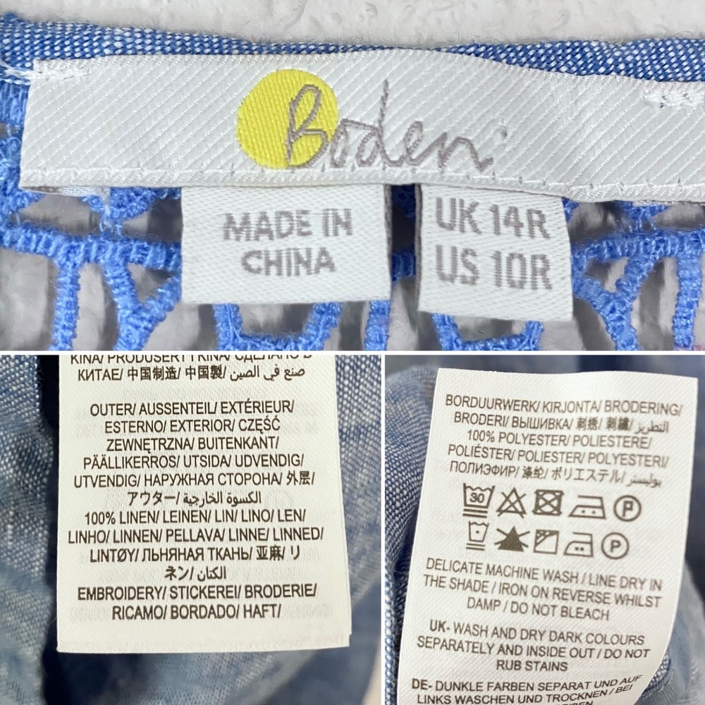 BODEN Linen Dress 10R Embroidered Crochet Lace Boho Shift Blue Summer Floral - Picture 6 of 10